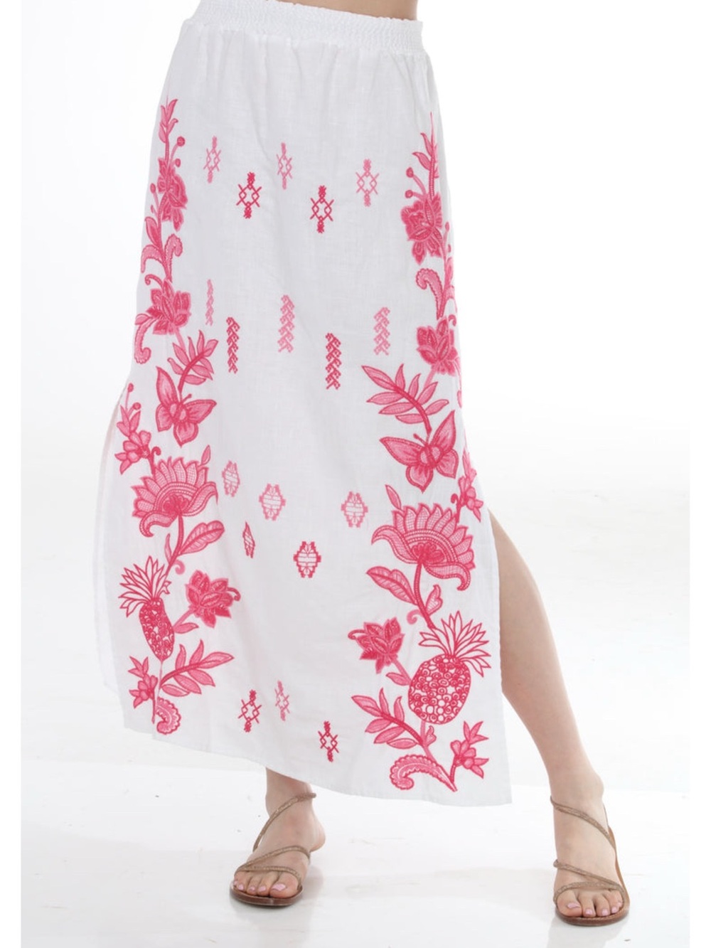 NWT Johnny Was JWLA Embroidered Linen Maxi Skirt M White Pink Boho High Slits